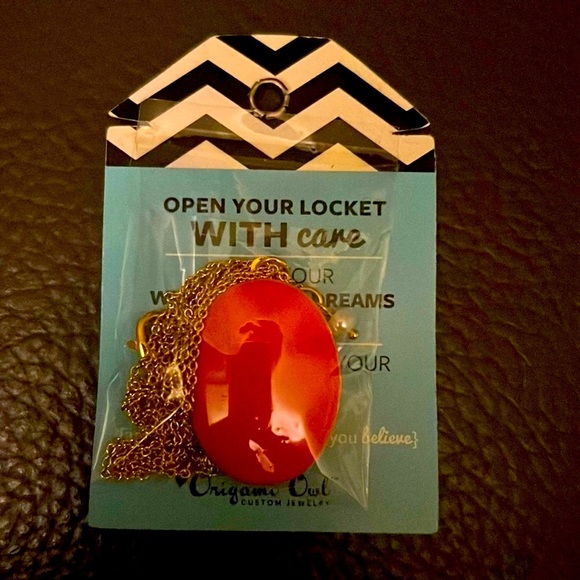 New Retired ORIGAMI OWL Gold Chain CORAL ENAMEL WISH LOCKET Hinged Oval HTF - Picture 1 of 5